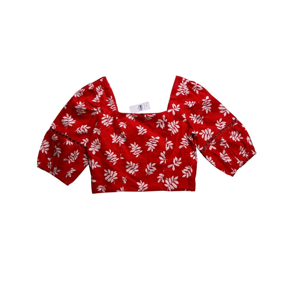 Ann Taylor Crop Top Womens 0 Red NWT Linen Blend Floral Puff Sleeve Square Neck
